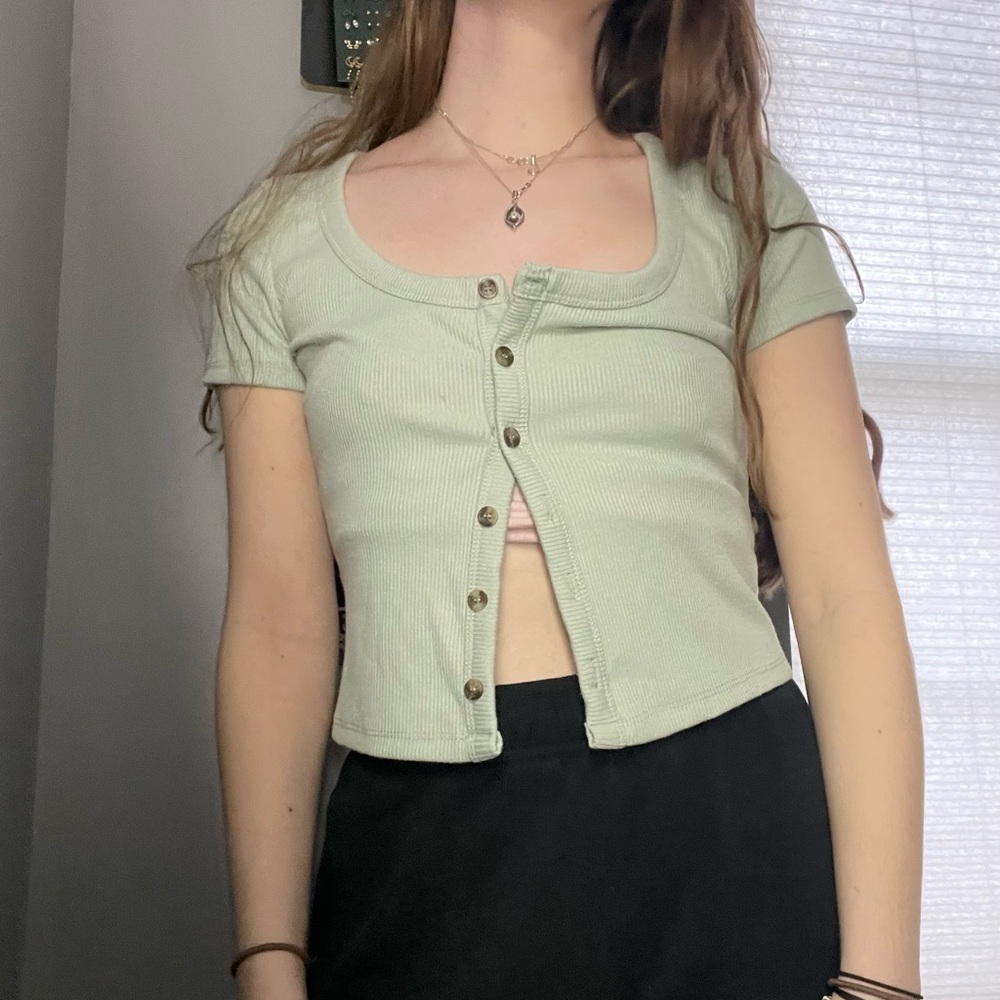 sage green button up crop top/mid length top